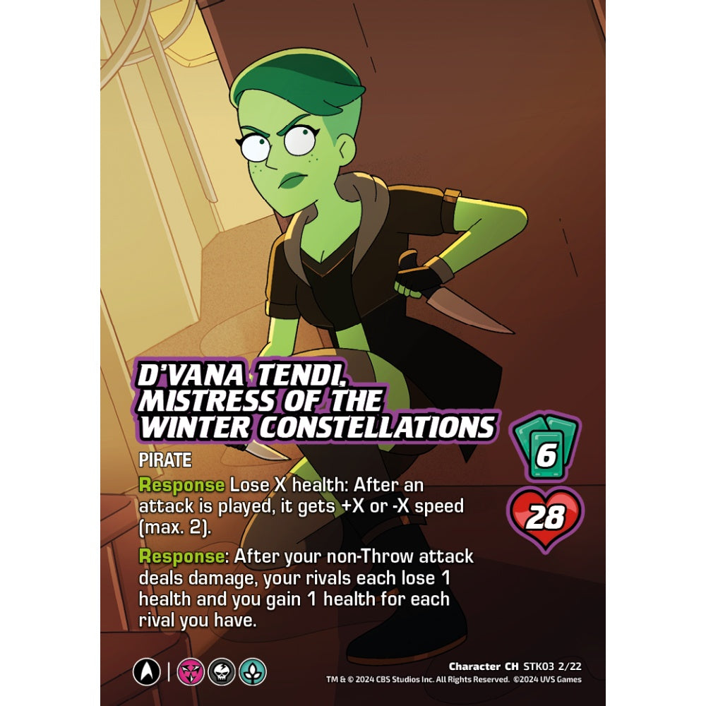 D'Vana Tendi, Mistress of the Winter Constellations
, 2/22, STK03, Universus, Star Trek Lower Decks Challenger Decks, Character, CH